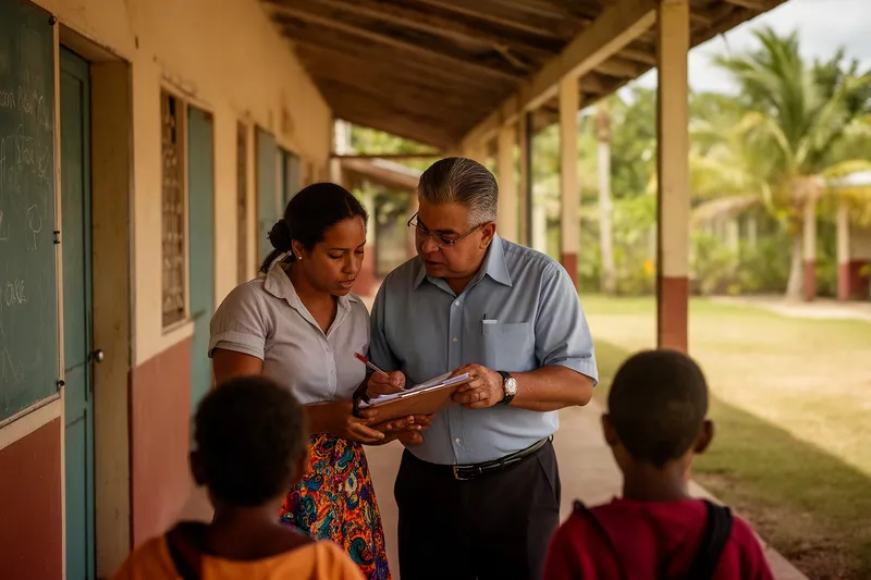 A teacher and a principal on a school verandah comparing notes on a clipboard