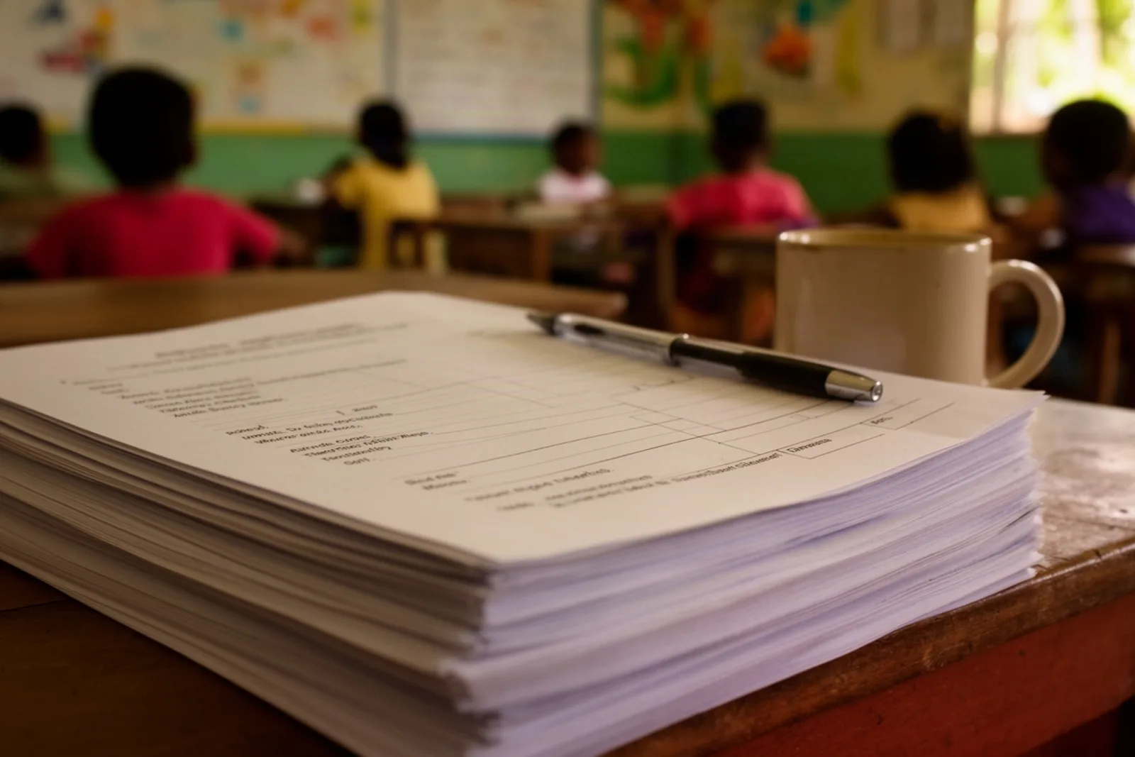 A thick stack of forms with a pen on top, on a teacher's desk, seen edge-on