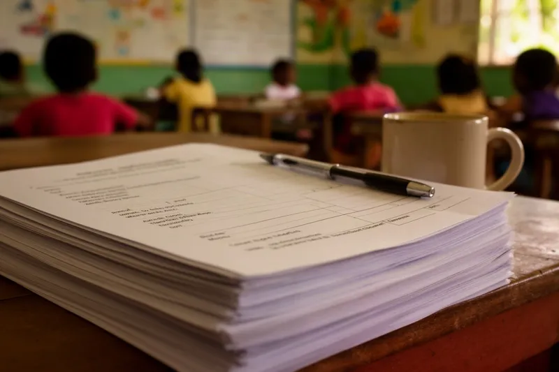 A thick stack of forms with a pen on top, on a teacher's desk, seen edge-on