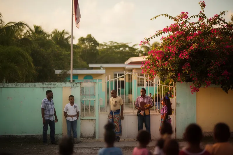 The front gate of a small primary school in late afternoon light with a flagpole and bougainvillea