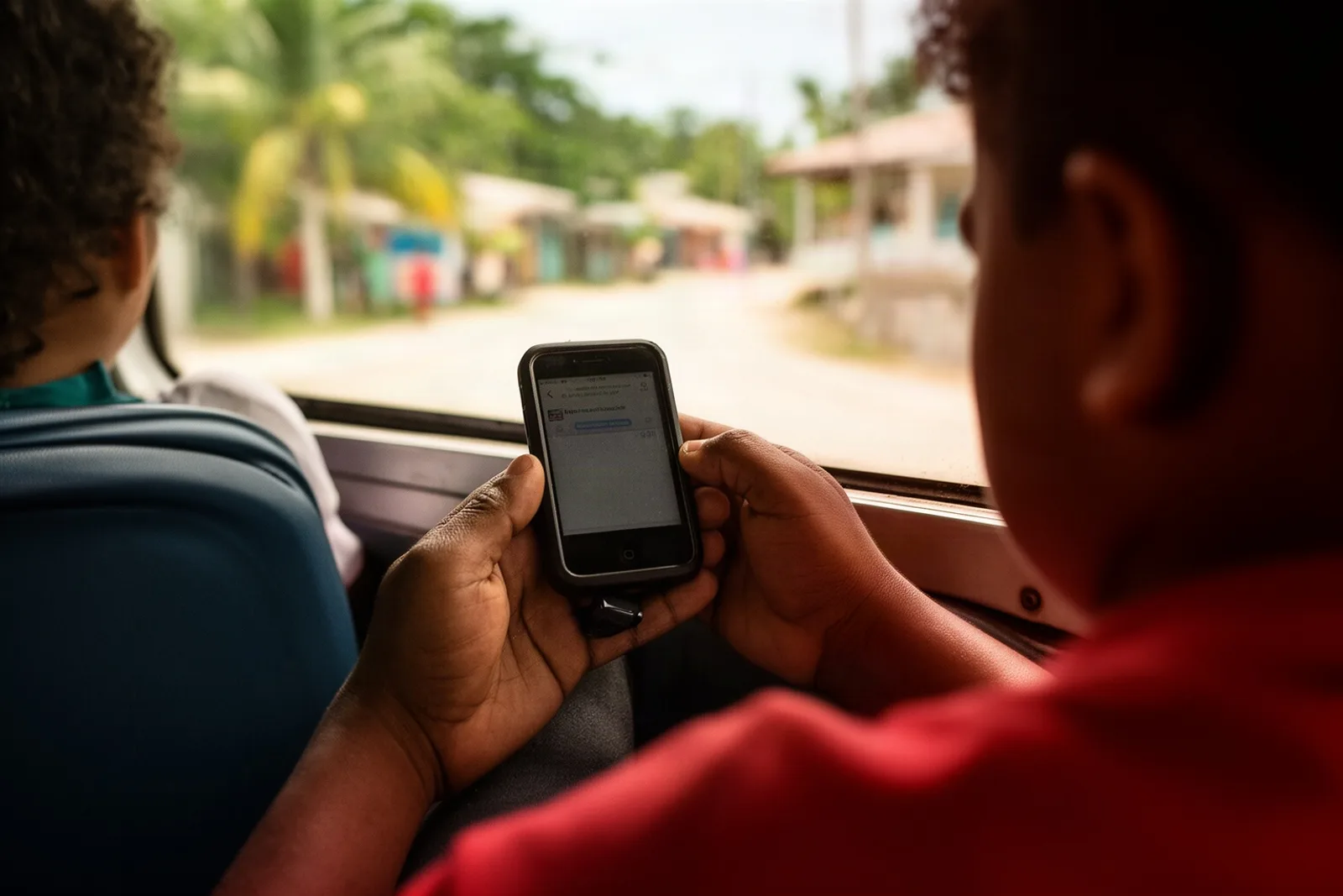 A parent's hands holding a phone on a bus, a street blurred through the window