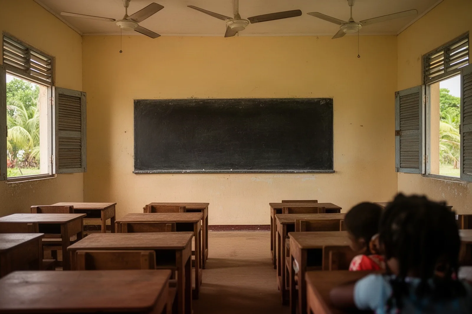 An empty classroom with desks in neat rows and morning light through the windows