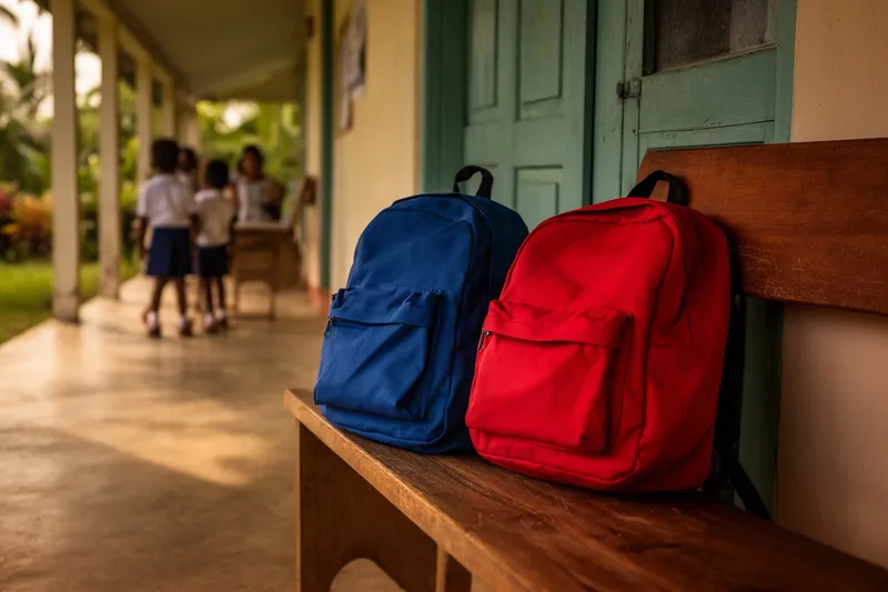 Two school bags side by side on a bench outside a classroom door
