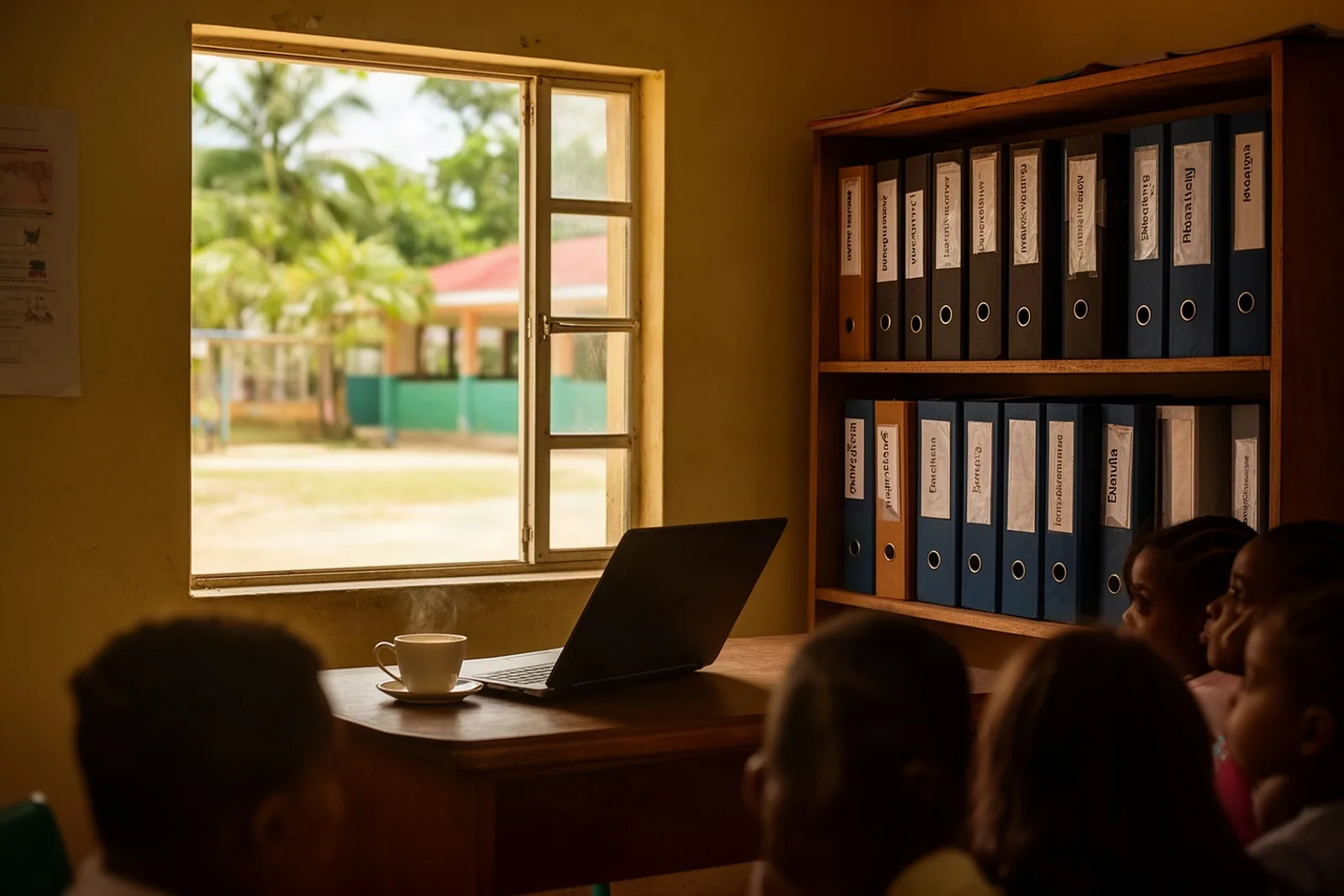 A principal's office with shelves of folders and a window onto a schoolyard