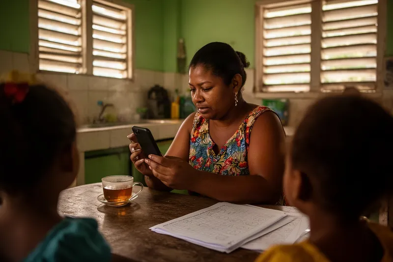 A parent reads a message on her phone at a kitchen table in morning light